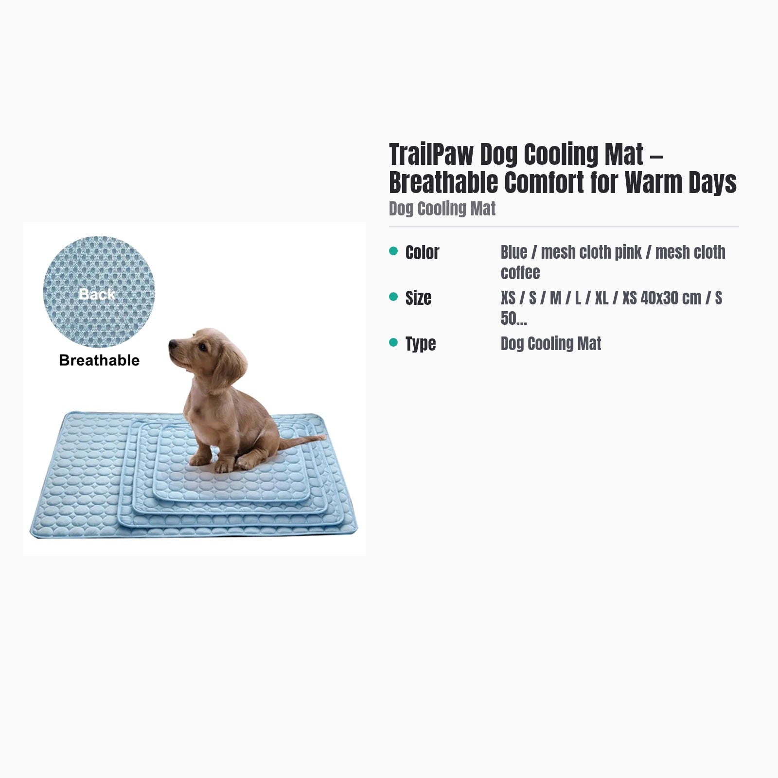 TrailPaw Dog Cooling Mat — Breathable Comfort for Warm Days — specs