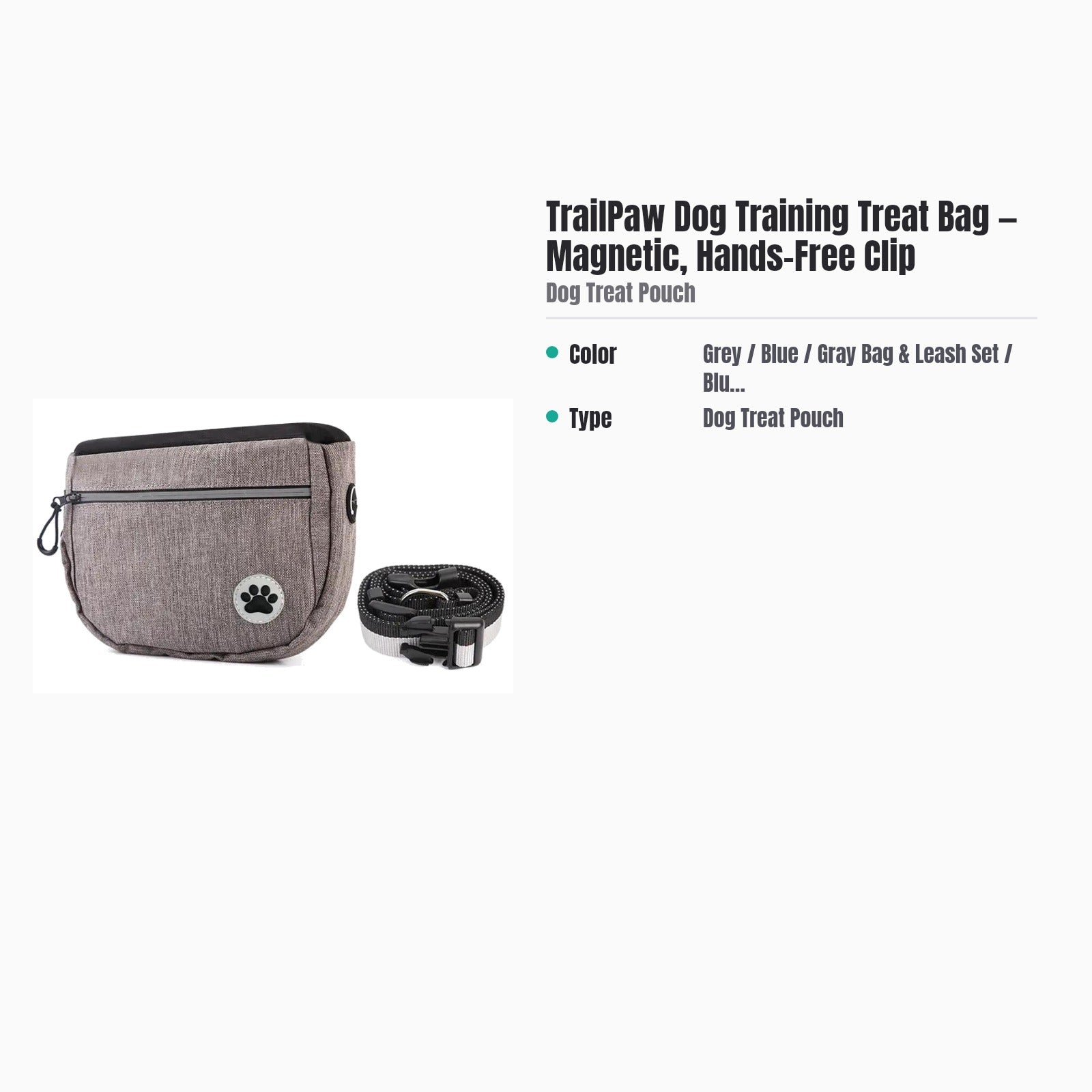 TrailPaw Dog Training Treat Bag — Magnetic, Hands-Free Clip — specs