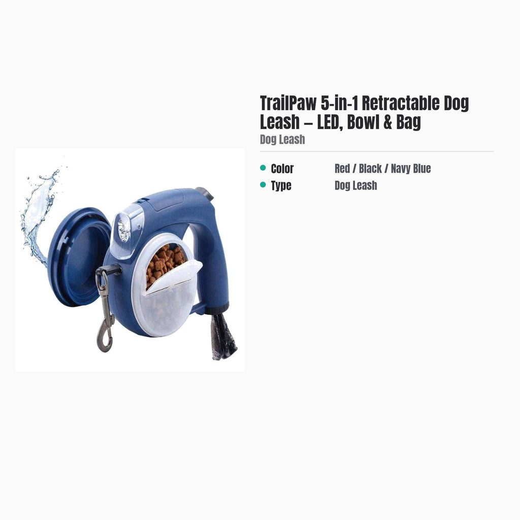 TrailPaw 5-in-1 Retractable Dog Leash — LED, Bowl & Bag — specs