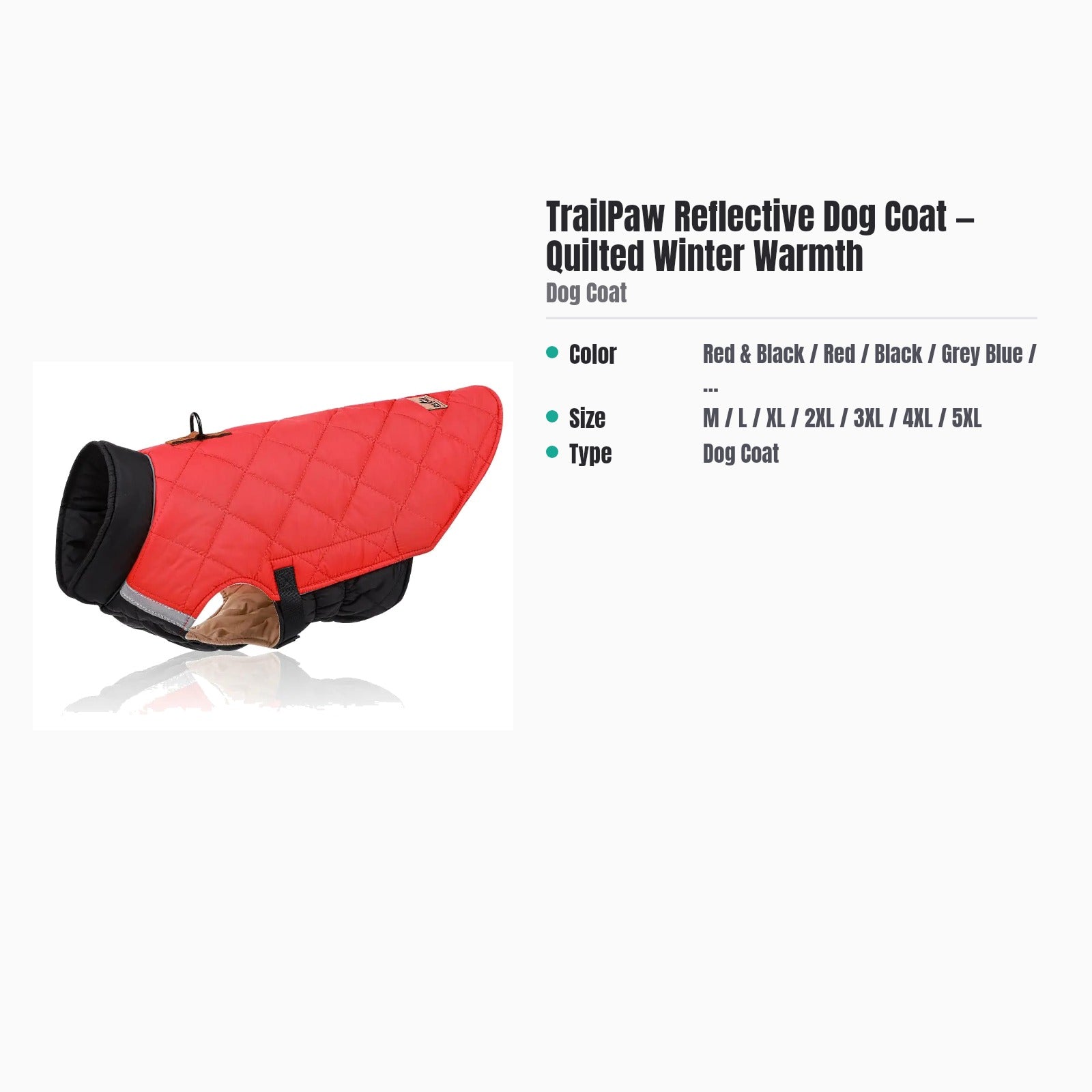 TrailPaw Reflective Dog Coat — Quilted Winter Warmth — specs