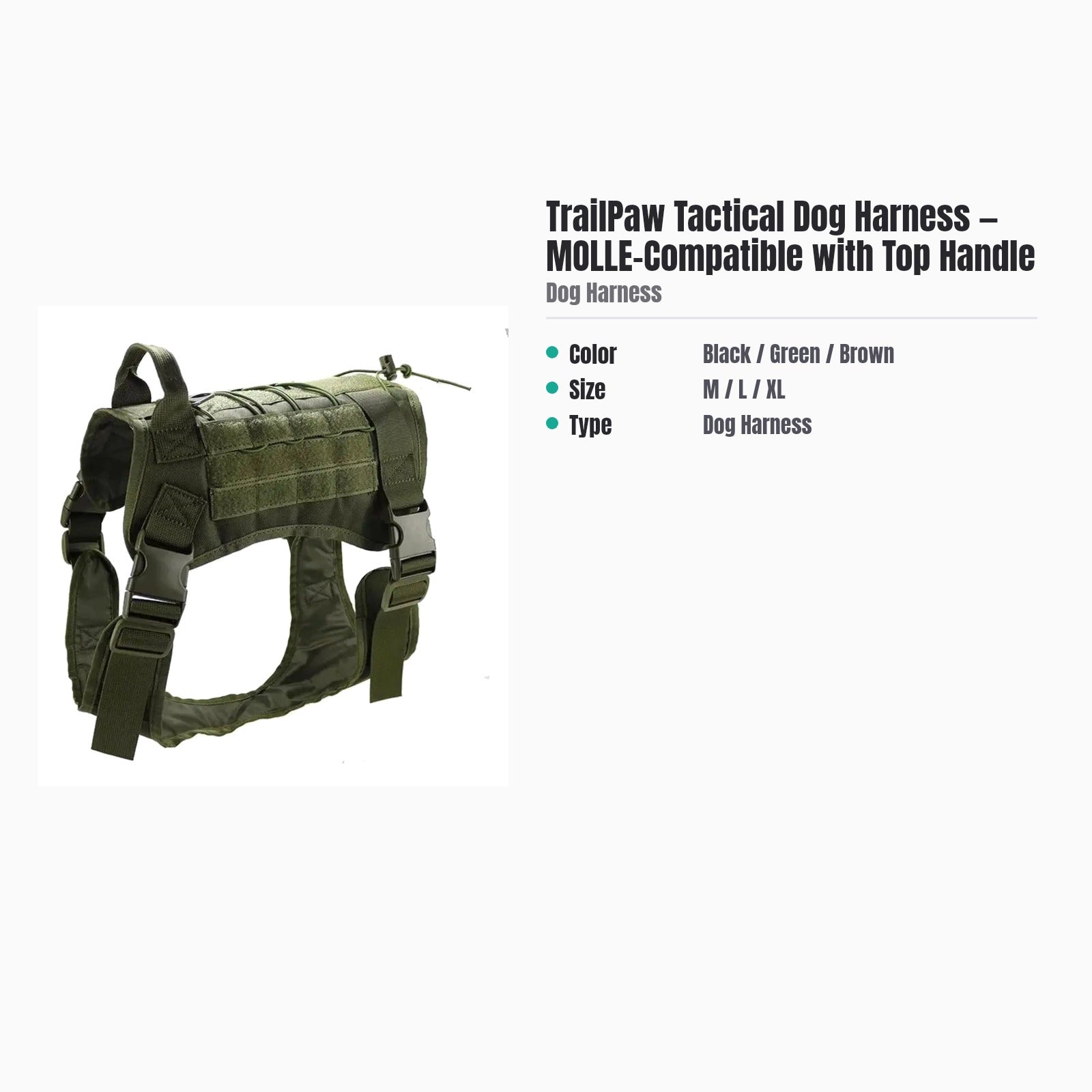 TrailPaw Tactical Dog Harness — MOLLE-Compatible with Top Handle — specs