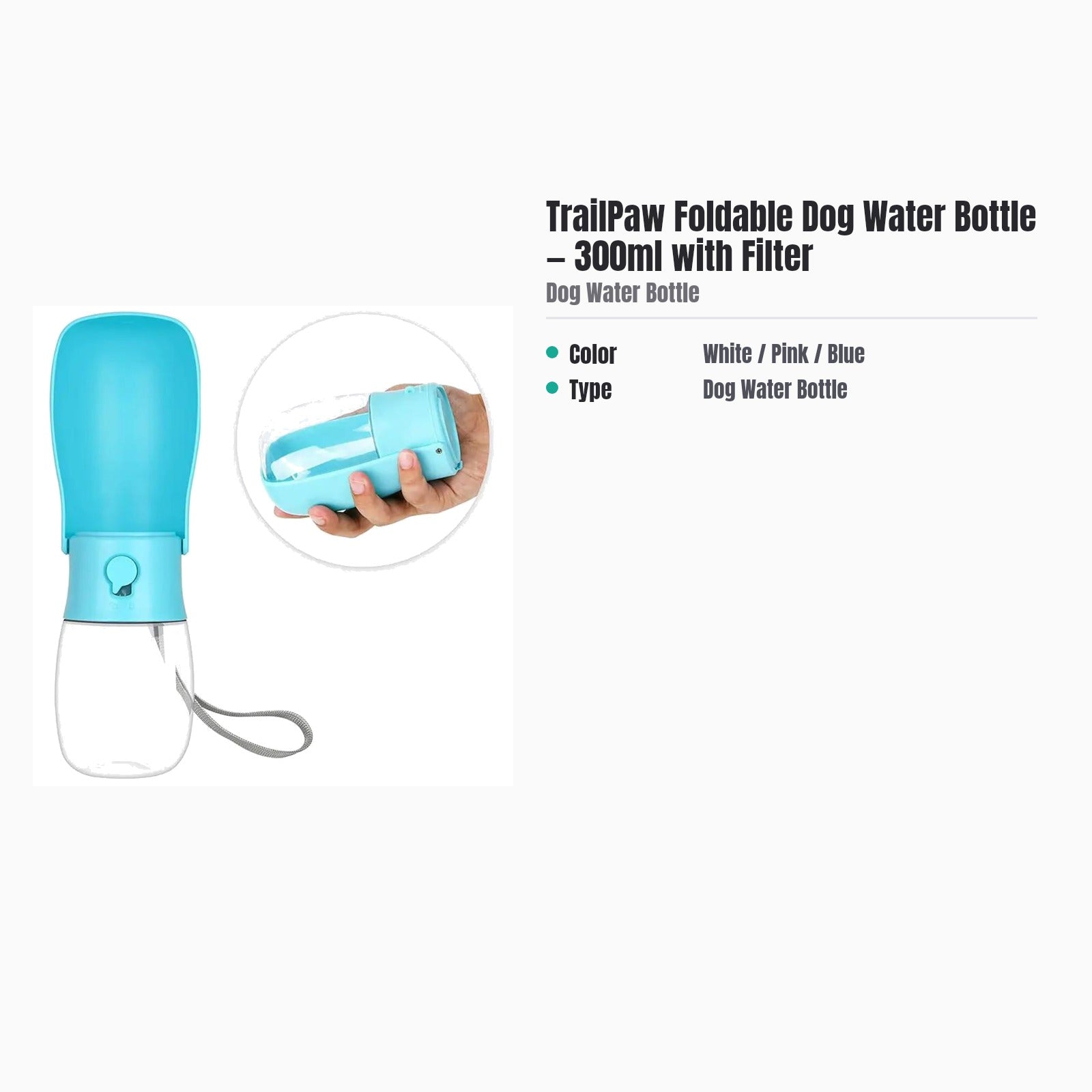 TrailPaw Foldable Dog Water Bottle — 300ml with Filter — specs