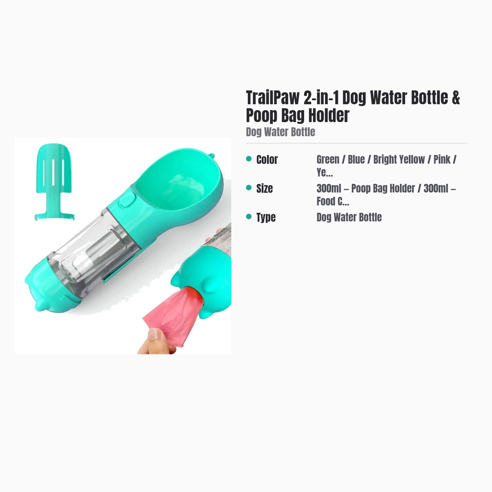TrailPaw 2-in-1 Dog Water Bottle & Poop Bag Holder — specs