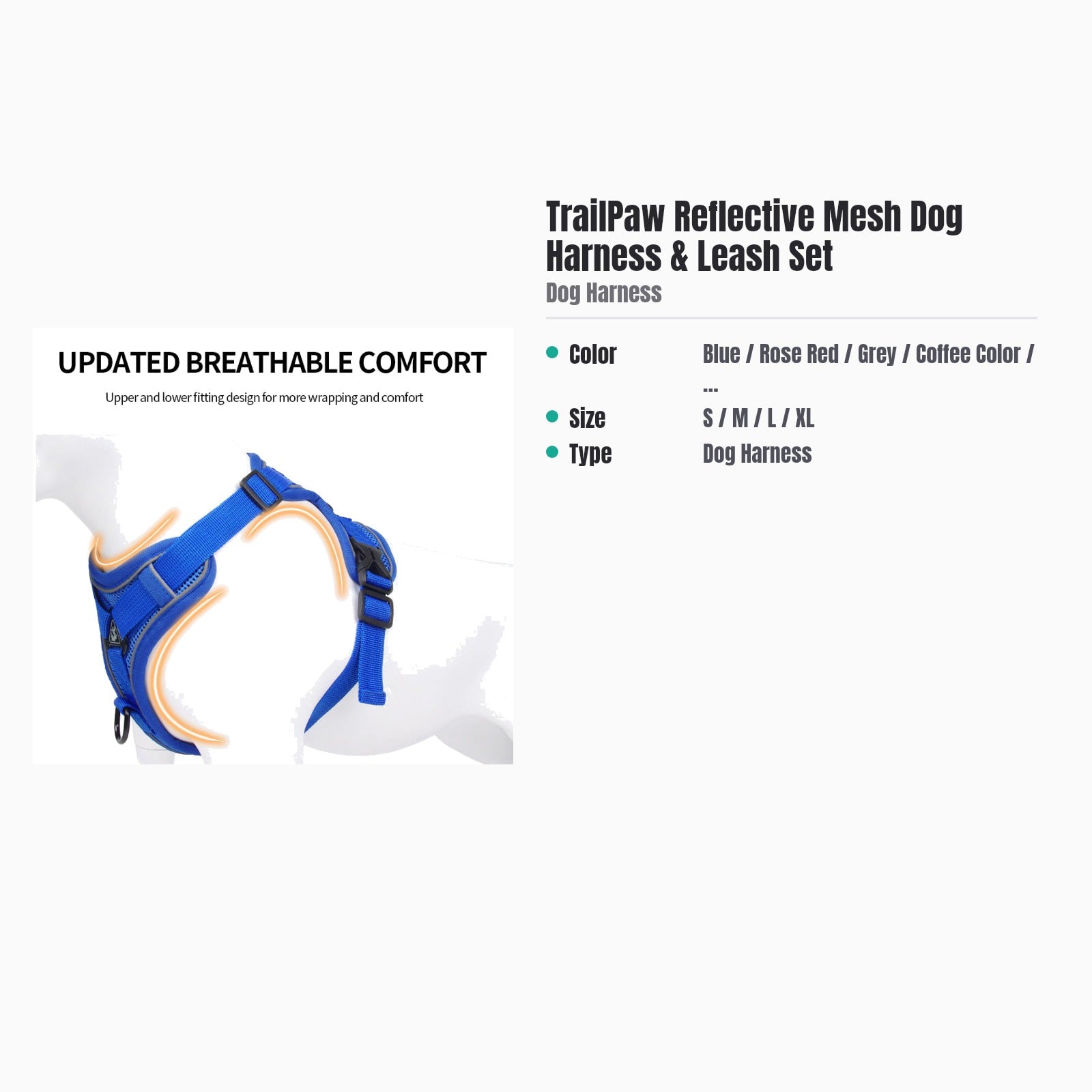 TrailPaw Reflective Breathable Dog Harness & Leash Set