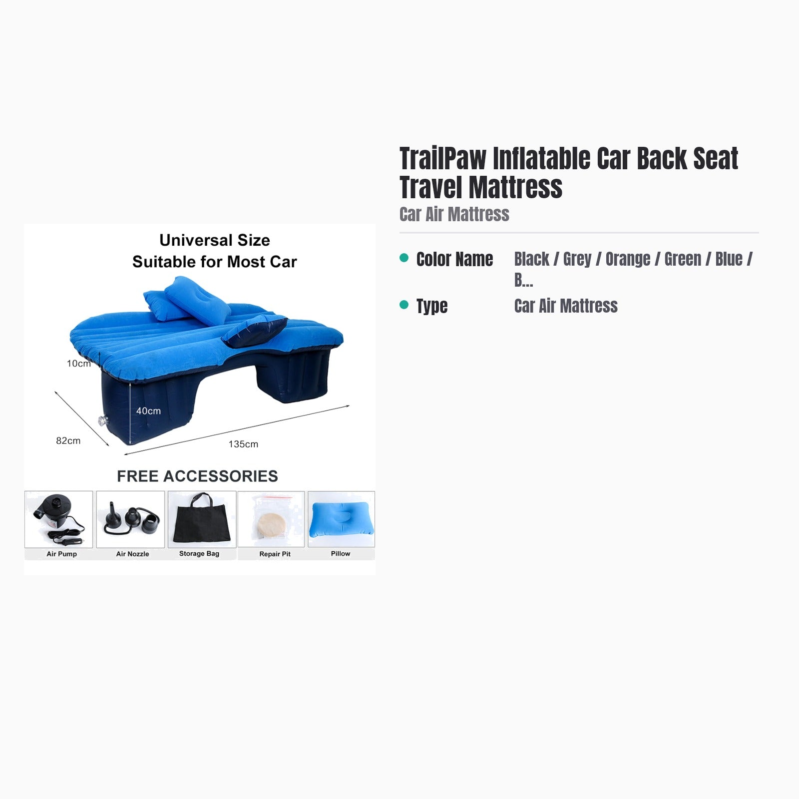 TrailPaw Inflatable Car Back Seat Travel Mattress — specs