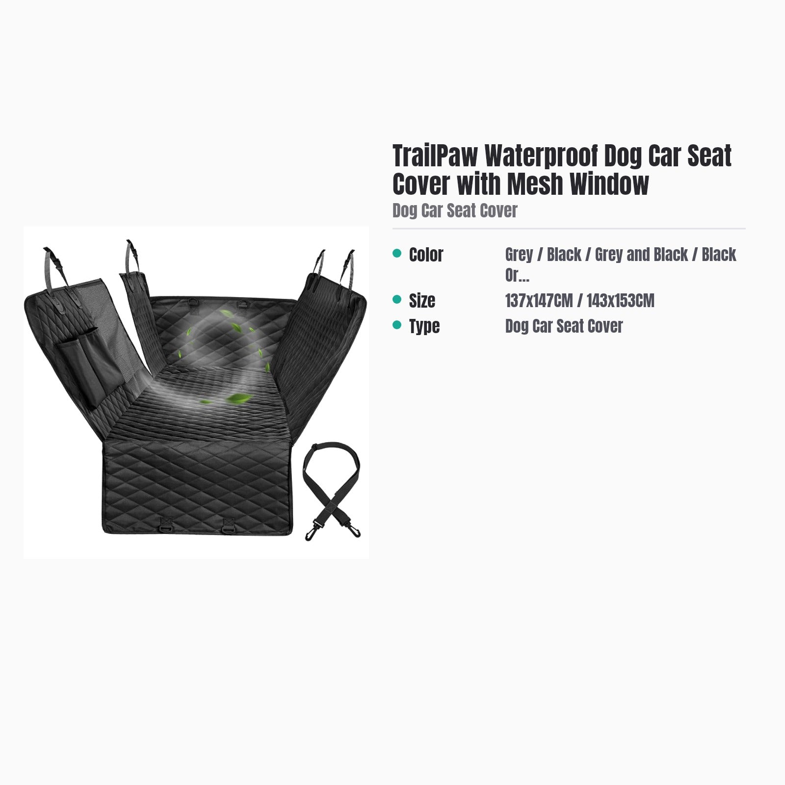 TrailPaw Waterproof Dog Car Seat Cover with Mesh Window — specs