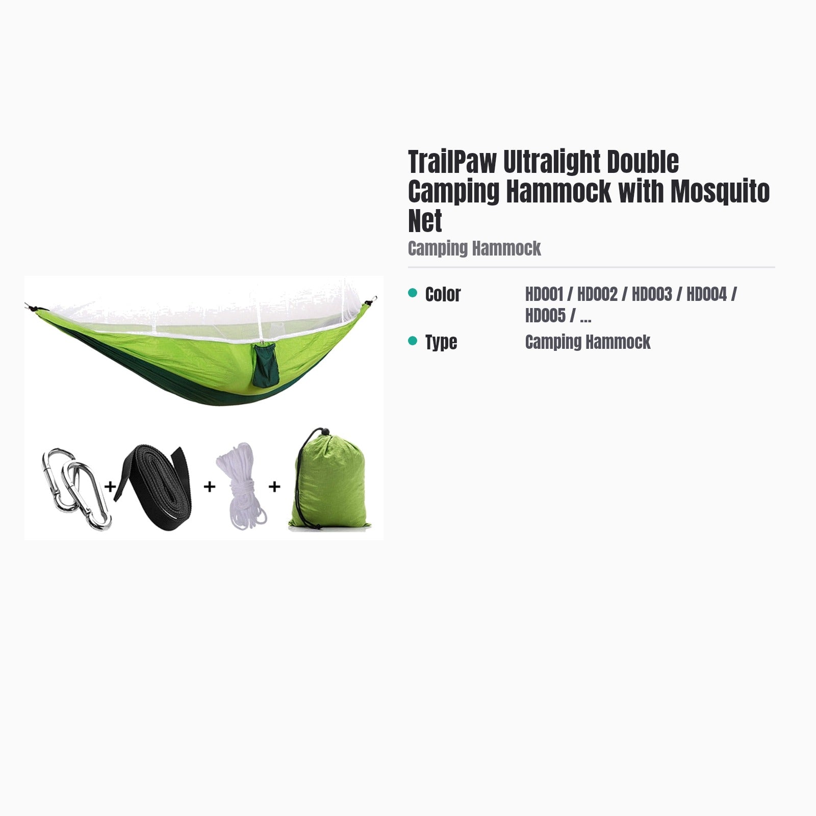 TrailPaw Ultralight Double Camping Hammock with Mosquito Net — specs