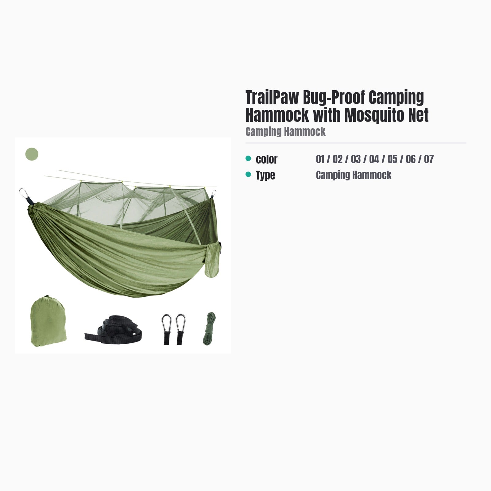 TrailPaw Bug-Proof Camping Hammock with Mosquito Net — specs