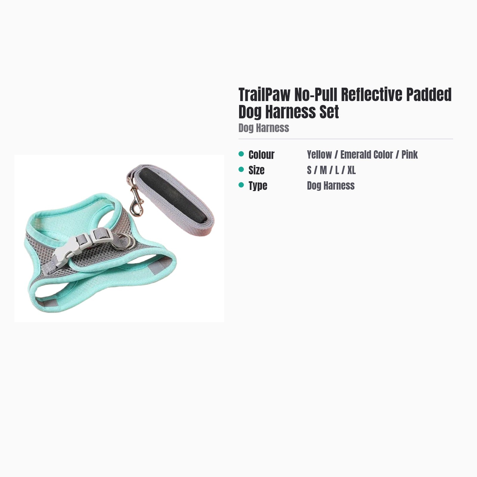TrailPaw No-Pull Reflective Padded Dog Harness Set — specs