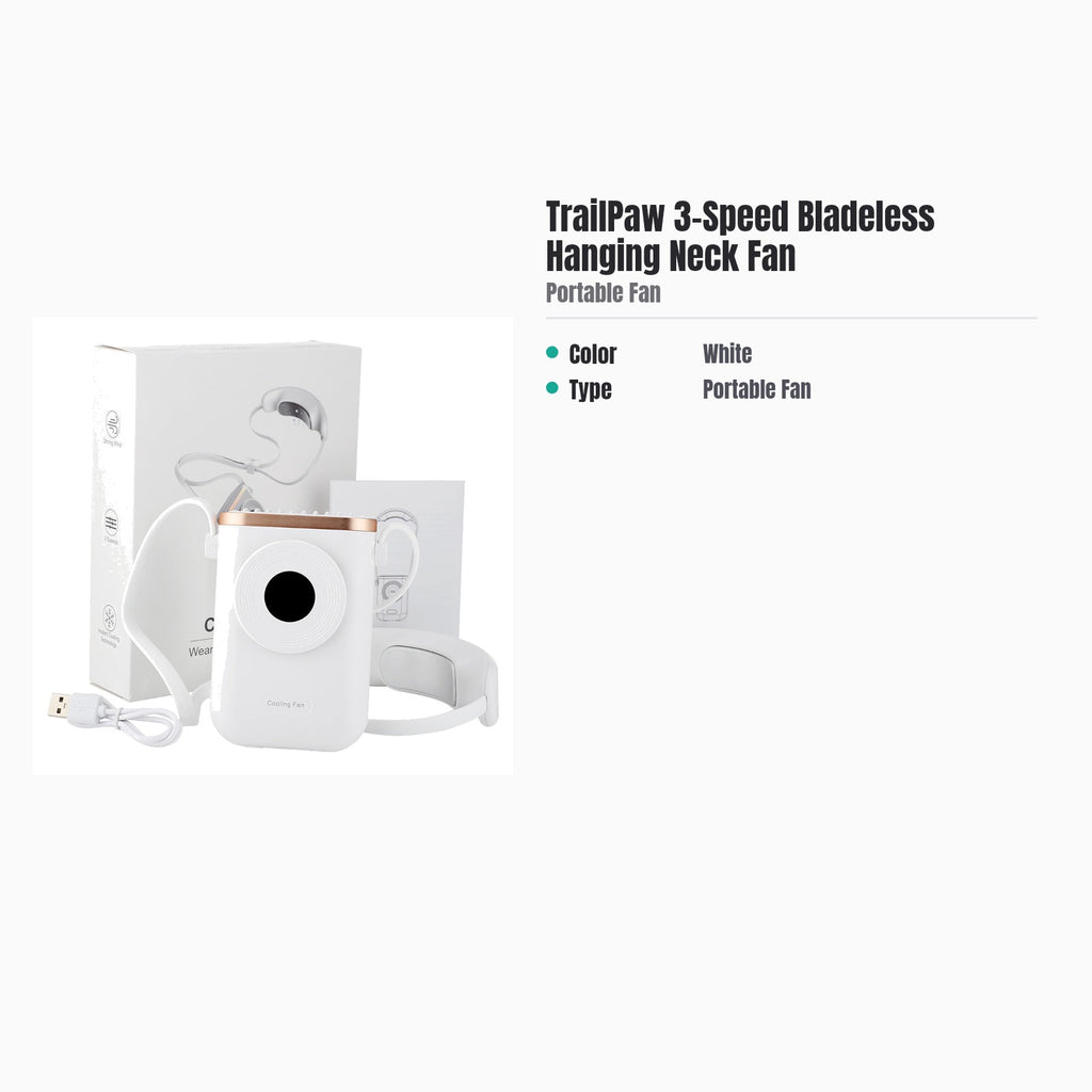 TrailPaw 3-Speed Bladeless Hanging Neck Fan — specs