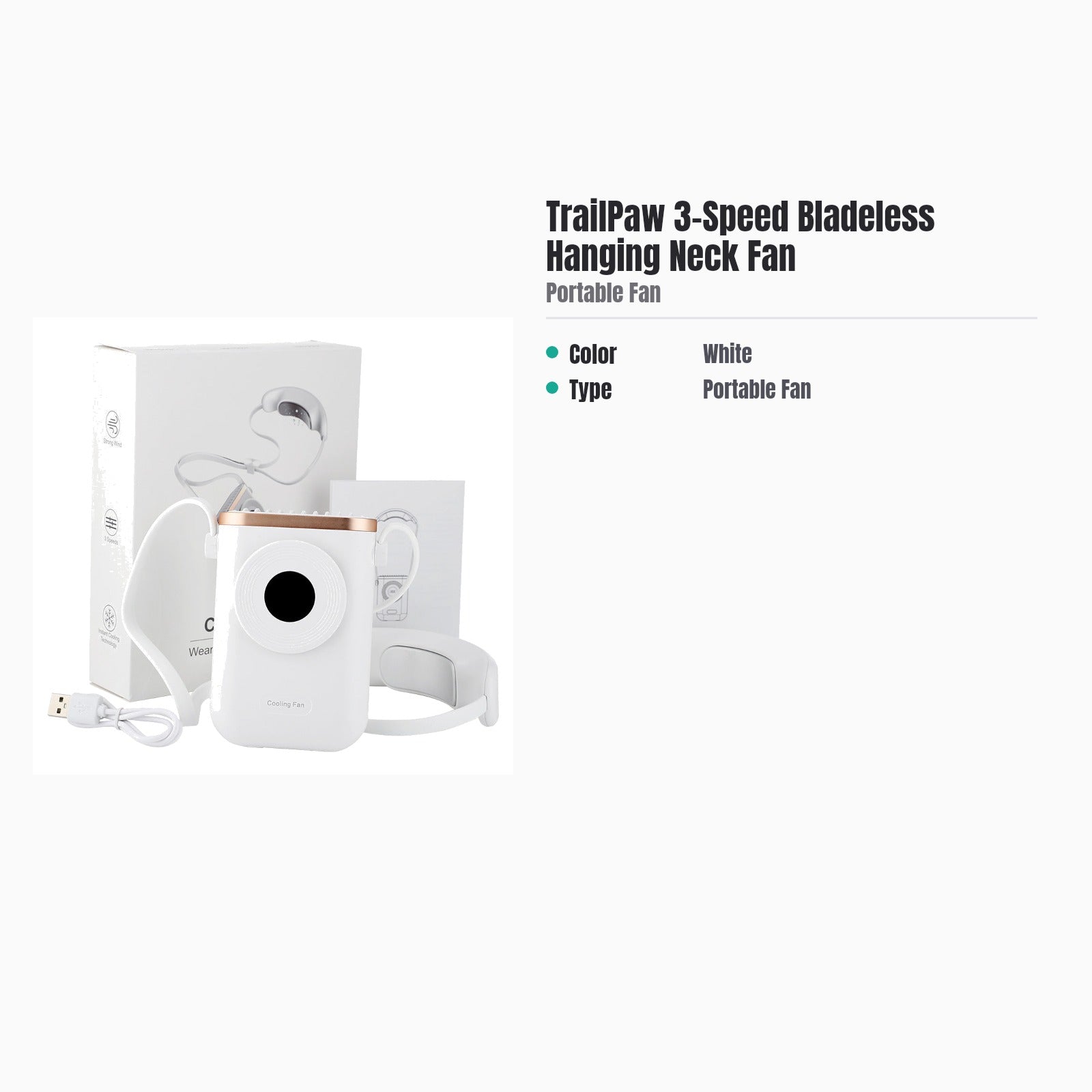 TrailPaw 3-Speed Bladeless Hanging Neck Fan — specs
