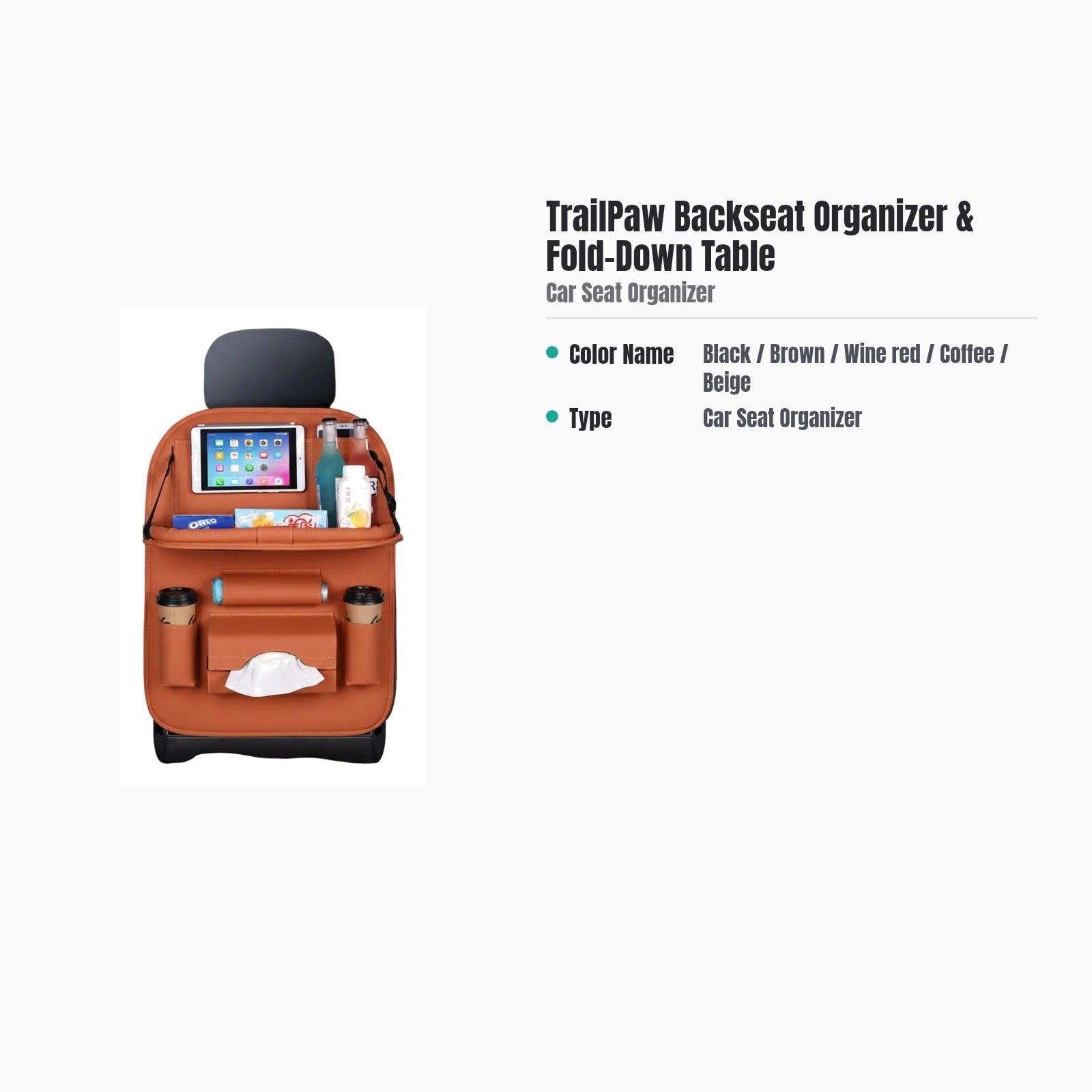 TrailPaw Seat Back Organizer & Fold-Down Tray