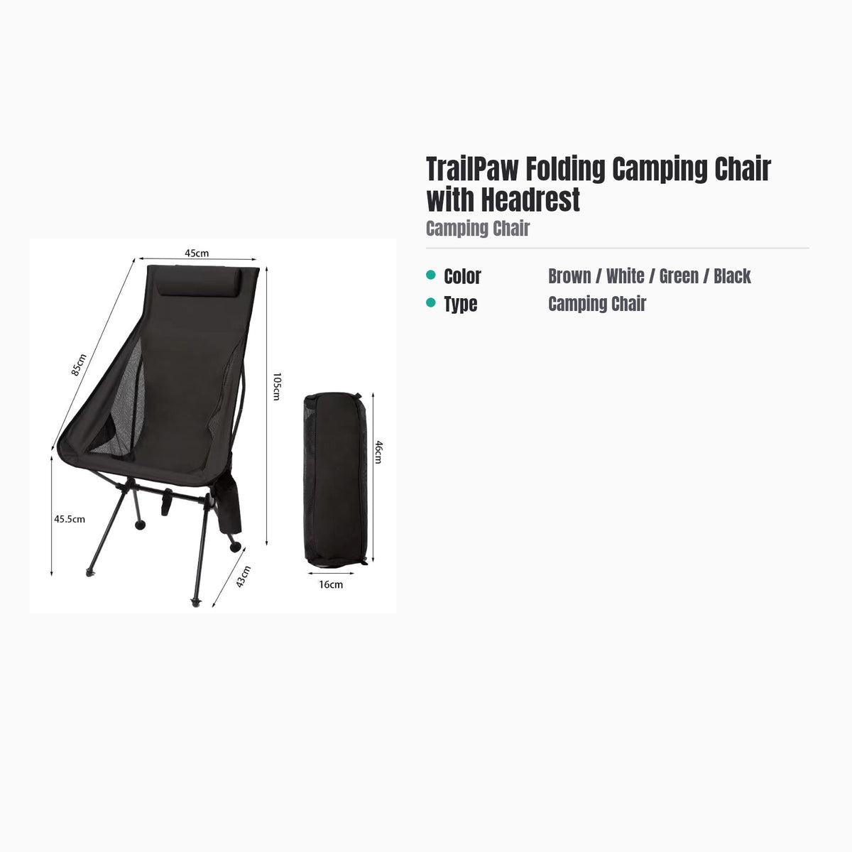 TrailPaw Folding Camping Chair with Headrest — specs